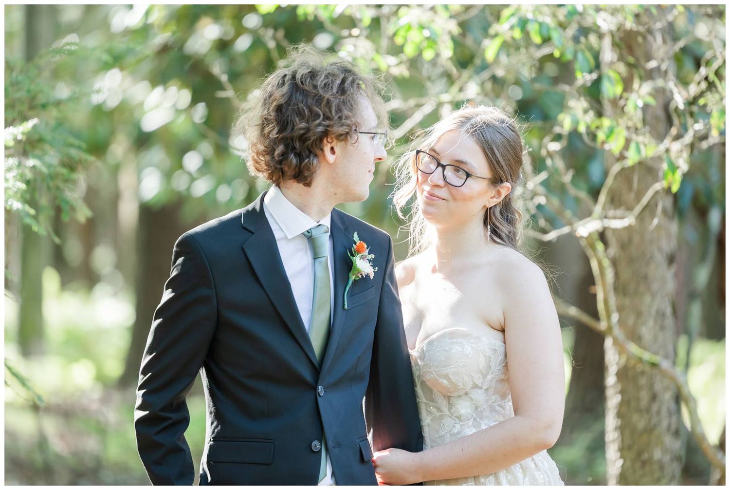 Series of romantic outdoor wedding portraits showing couples embracing under natural greenery and sunlight.
