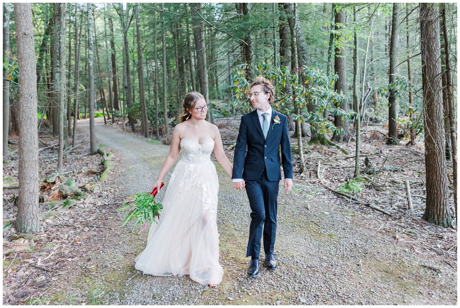 Collection of wedding portraits captured along a scenic forest trail with natural lighting.