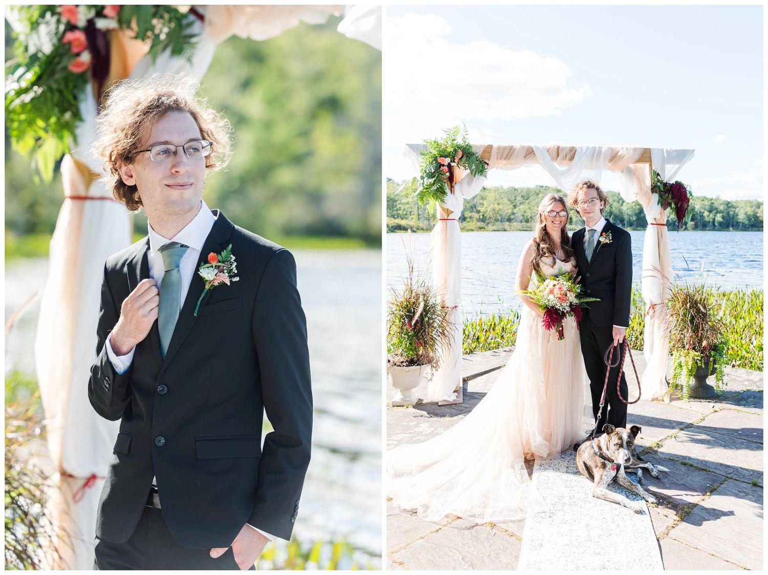 Wedding photo collage featuring outdoor waterfront scenes and floral decor elements.