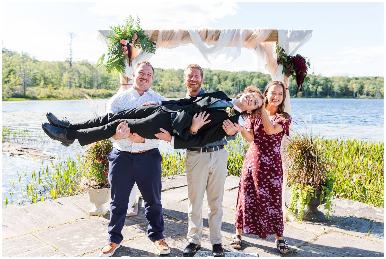 A collection of candid wedding moments captured by a lake showing celebrations and romantic poses in nature.