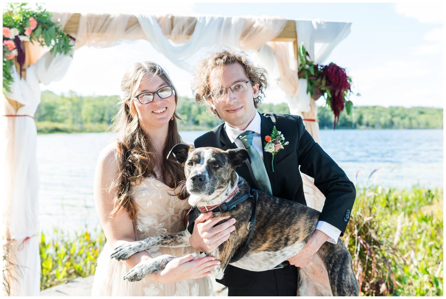 Wedding photo sequence showing outdoor waterfront wedding portraits with elegant floral arrangements and natural backdrops.