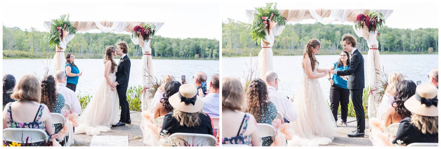 Beachside wedding ceremony with guests seated on white chairs overlooking the water.