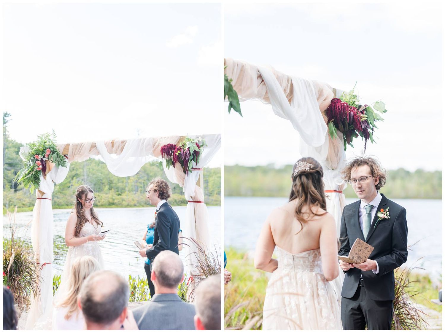 Beautiful lakeside wedding ceremony with white drapes and floral arrangements under sunny skies.
