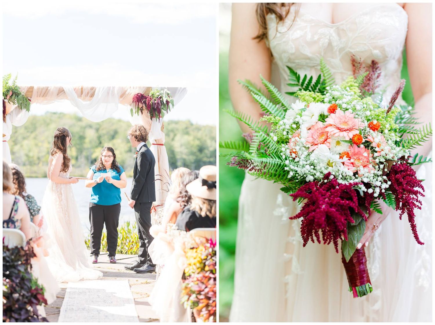 Wedding details showing burgundy and blush bouquets with delicate floral arrangements.
