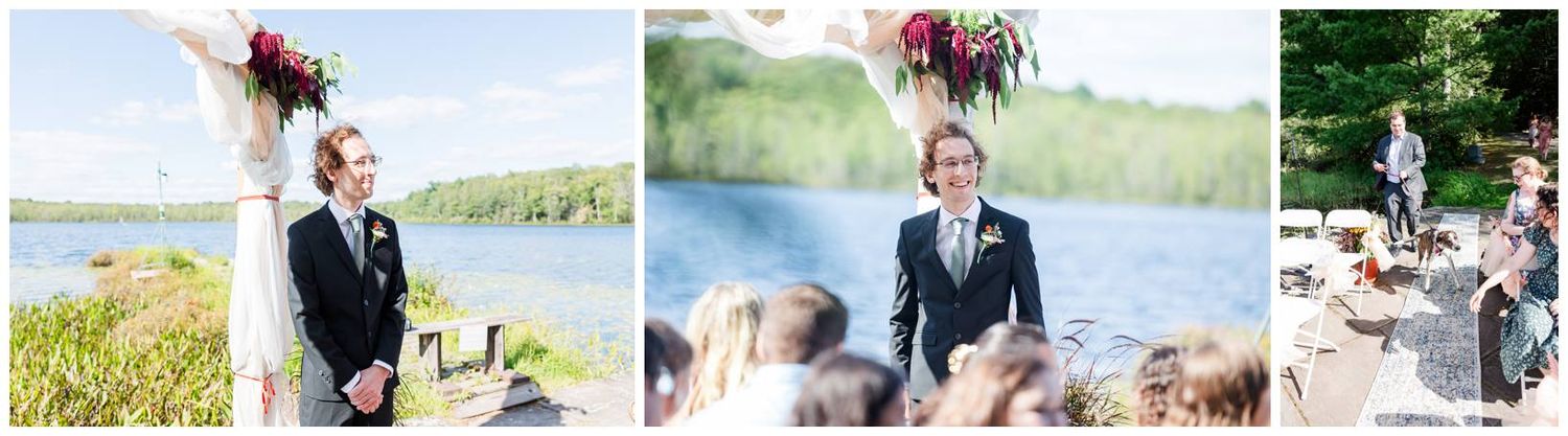 Outdoor wedding ceremony photos with lake views and vibrant red floral arrangements.