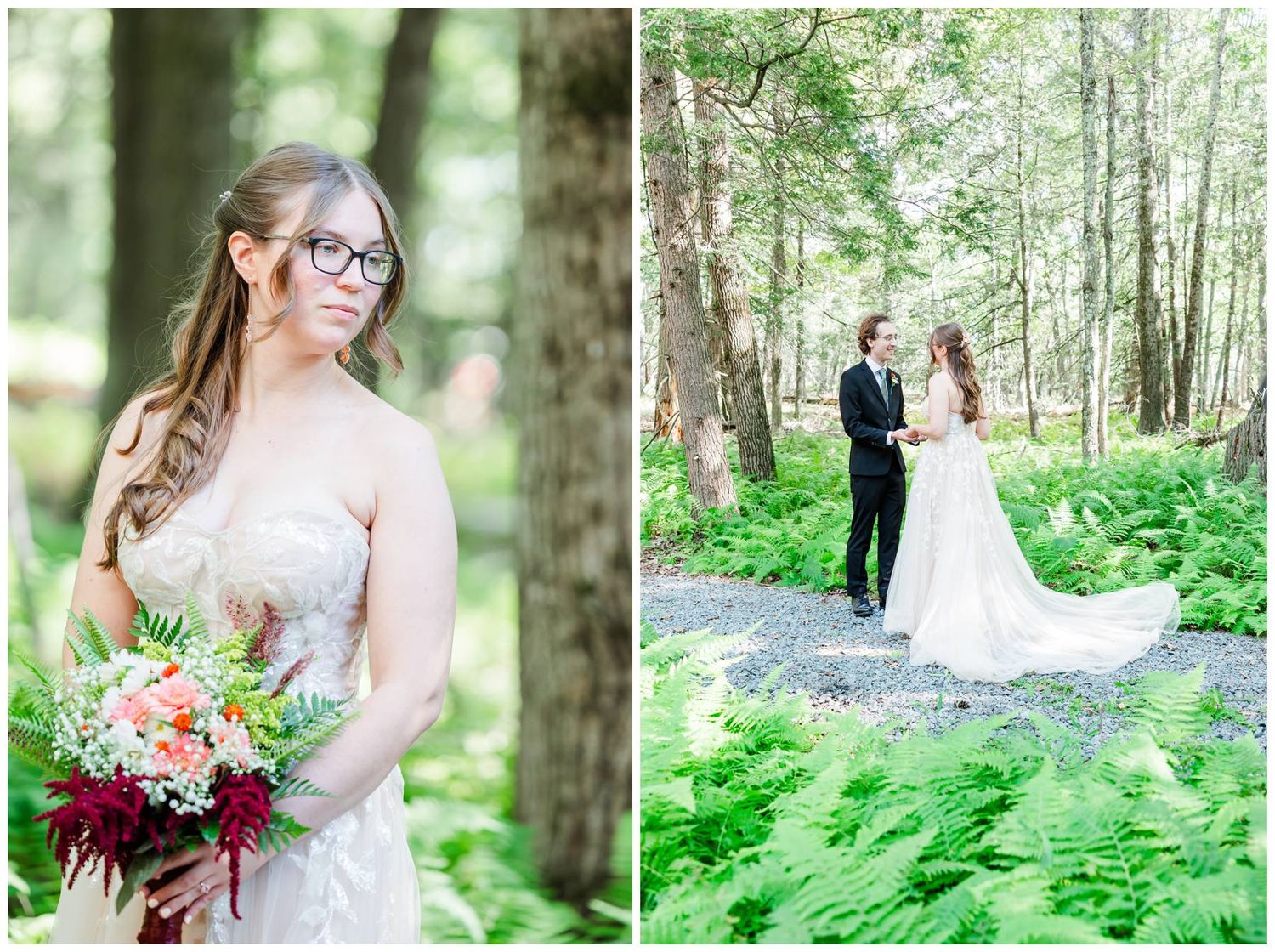 Romantic woodland wedding photography featuring lush ferns and elegant white gowns in a forest setting.