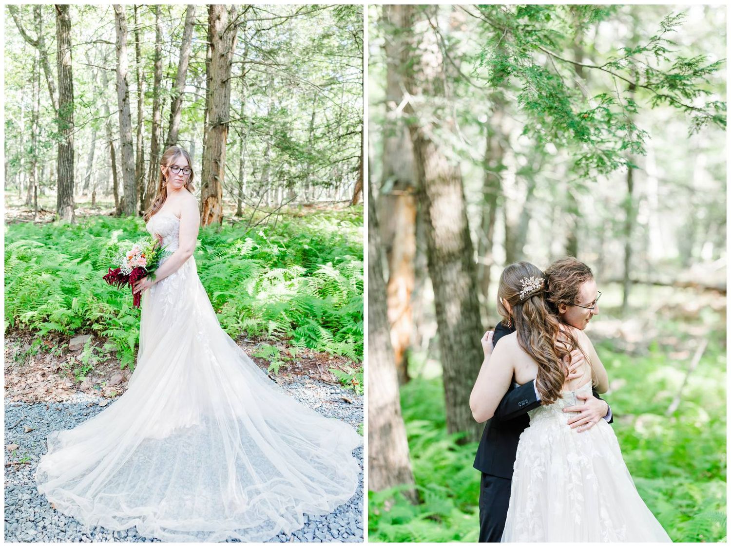 Wedding portraits in a dreamy forest setting with sunlit trees and trailing white dresses.