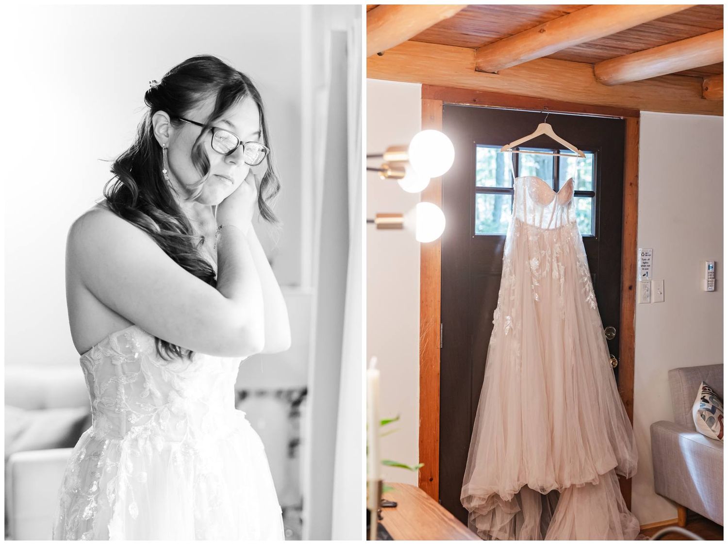 Wedding gown displayed on hanging rod beneath wooden beam ceiling next to black and white bridal preparation photo.