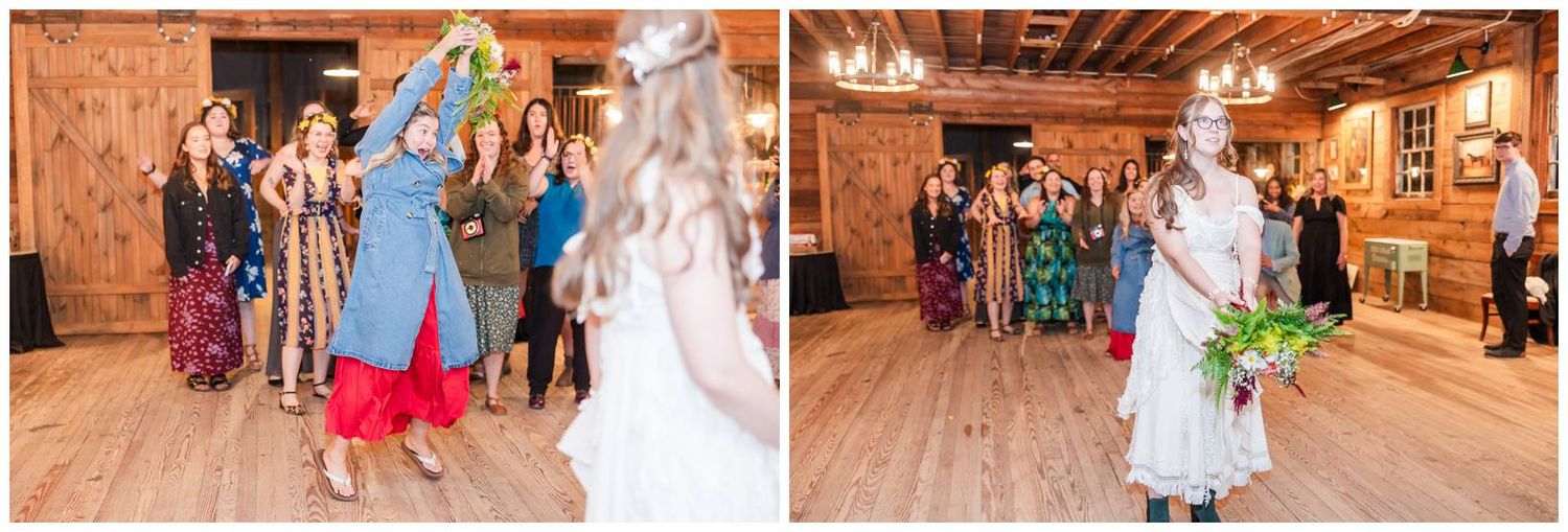Group celebrates with lively dance moves at rustic barn wedding reception with wooden interior and warm lighting.