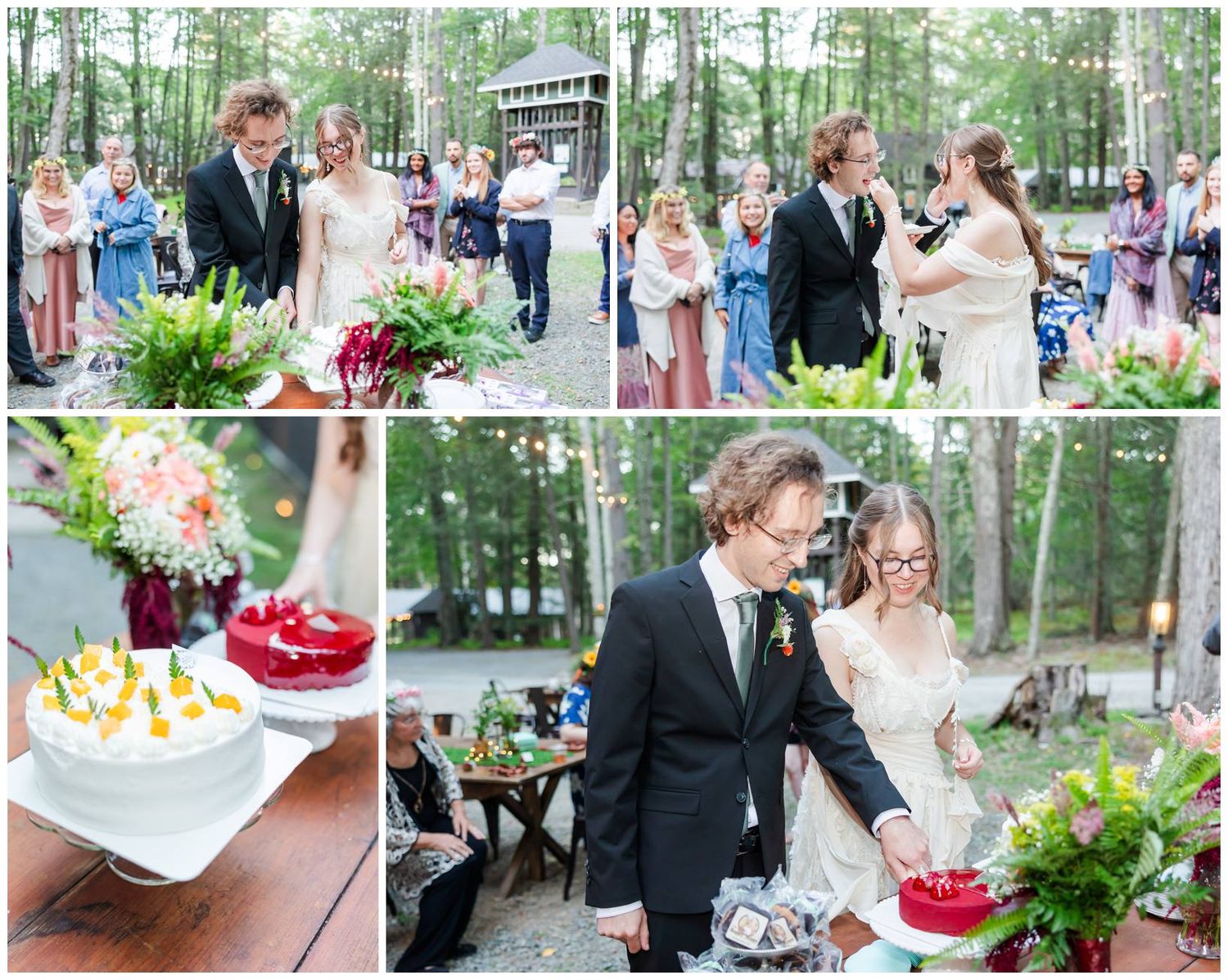 Wedding reception celebration with guests mingling, dancing and enjoying food at an outdoor forest venue.