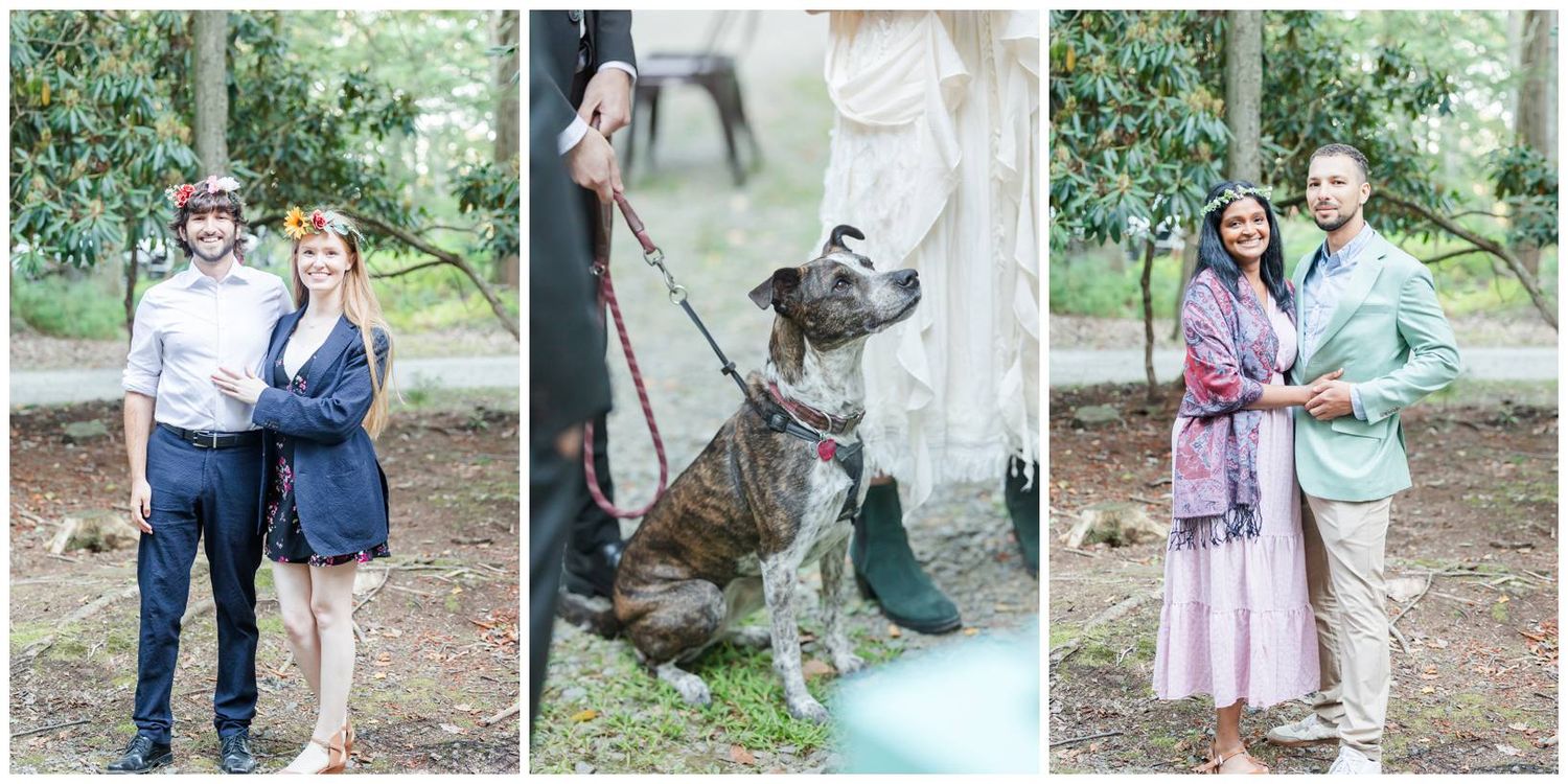 Series of romantic outdoor portrait shots of couples in a wooded garden setting.