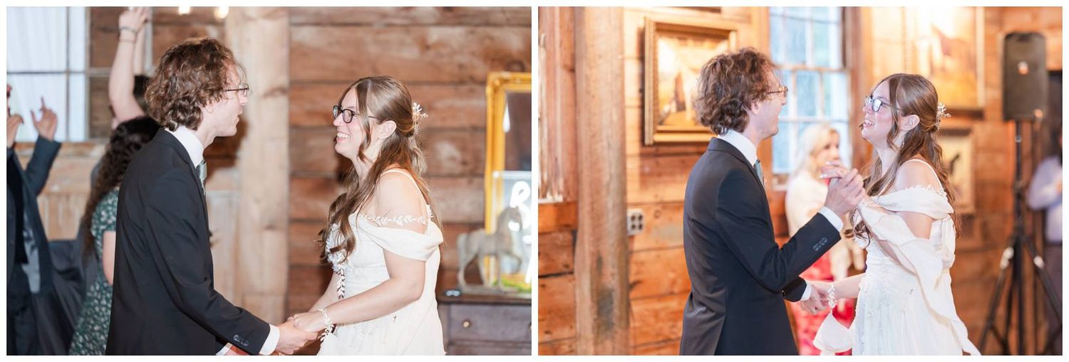 Two wedding photos show a couple laughing and dancing together in a rustic interior setting with wooden walls.