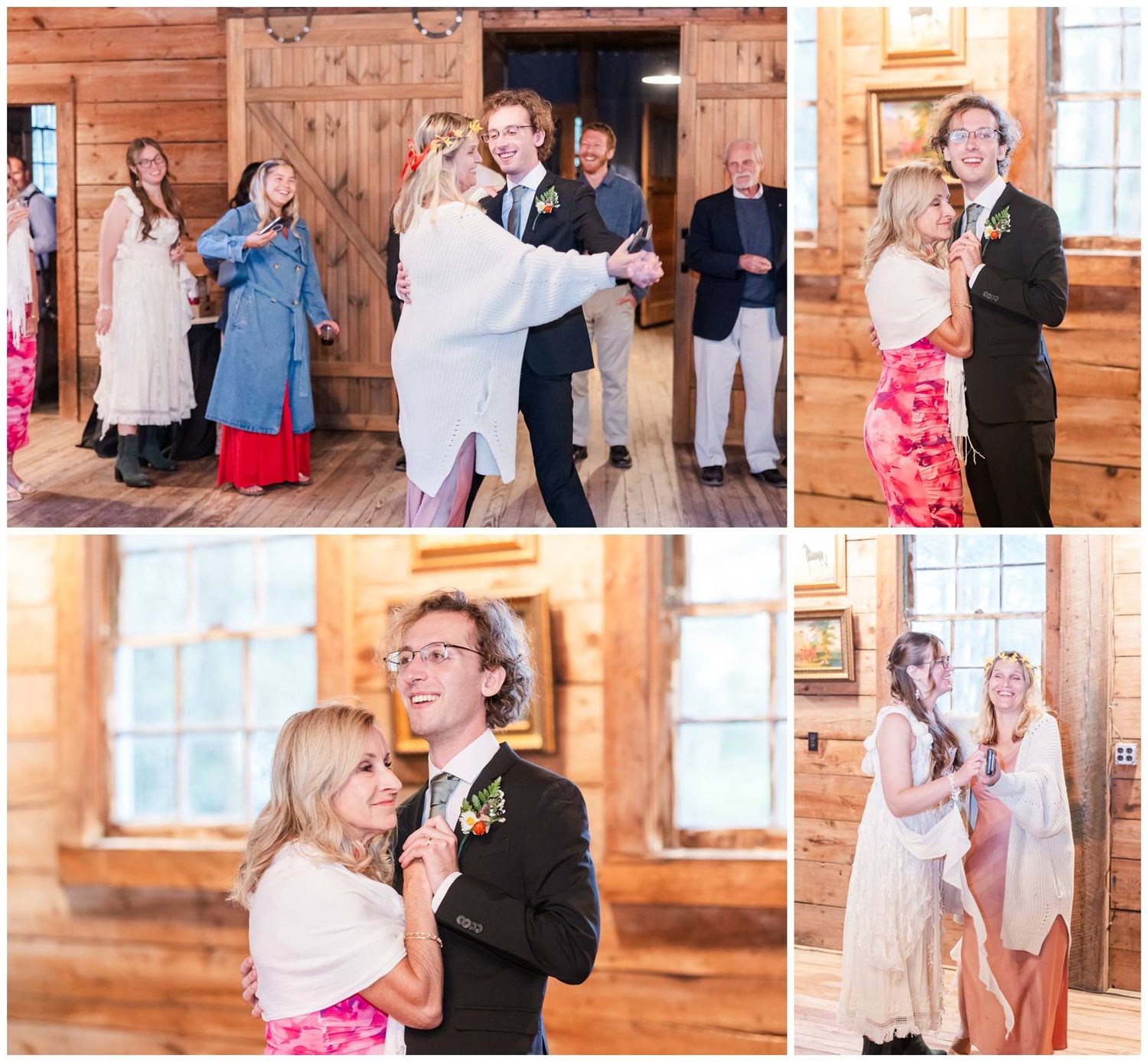 Wedding guests dance together in a rustic wooden barn during a lively reception celebration.