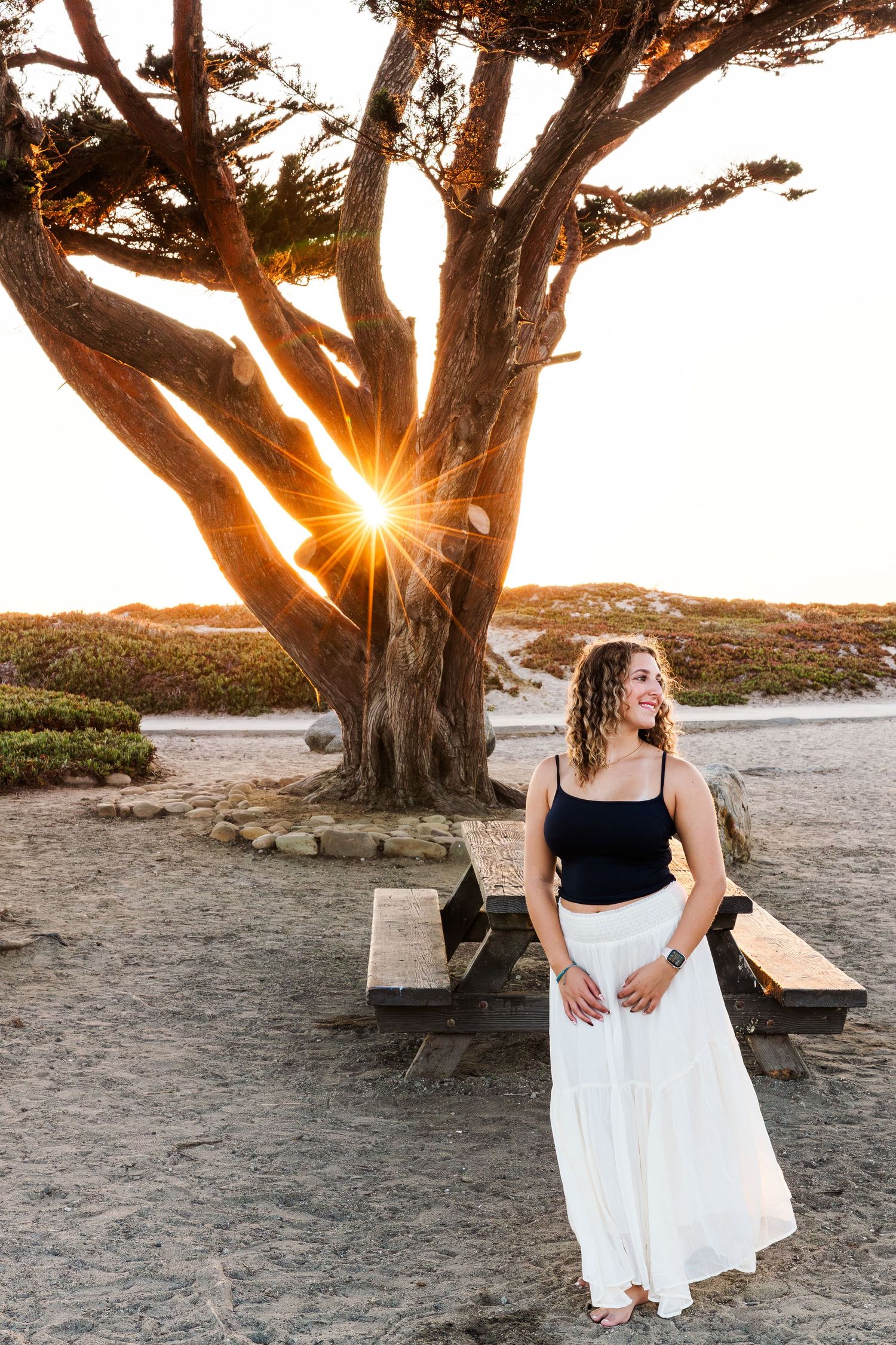 Sunset photoshoot under large trees at a beach with dramatic golden light filtering through branches.