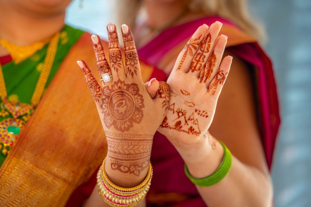 Detailed views of ornate henna designs on hands adorned with gold bangles. Nischitartham Quad Cities Hindi Indian Photographer