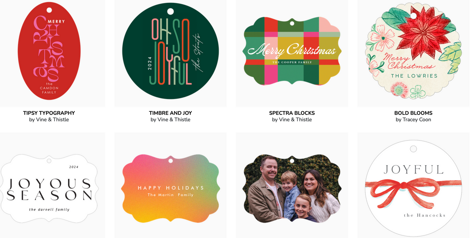 Assorted holiday ornament designs with festive patterns and seasonal greetings.