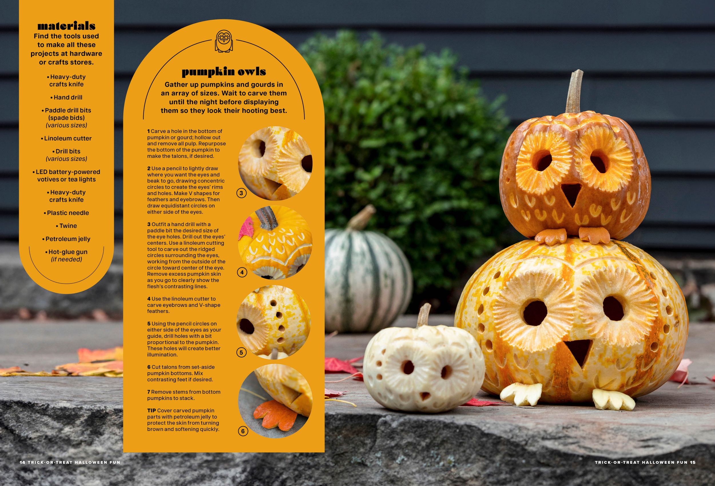 Decorative Halloween pumpkins carved with owl designs displayed outdoors with recipe text overlay.