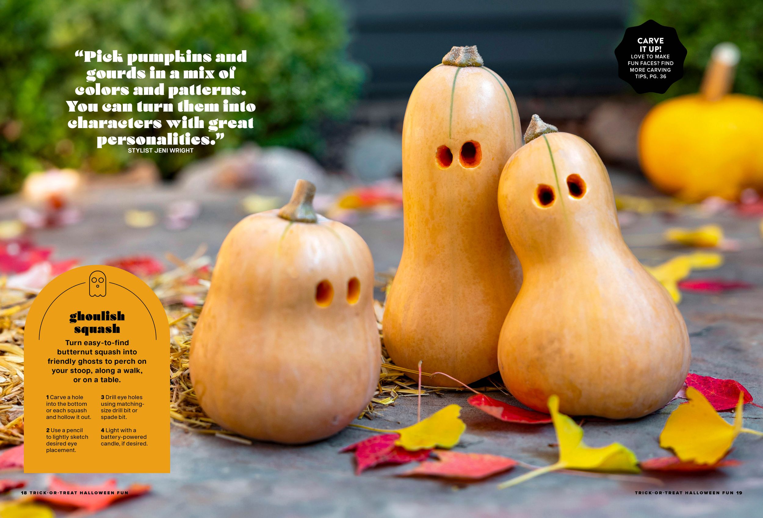 Multiple small pumpkins displayed on a dark surface with colorful autumn leaves.