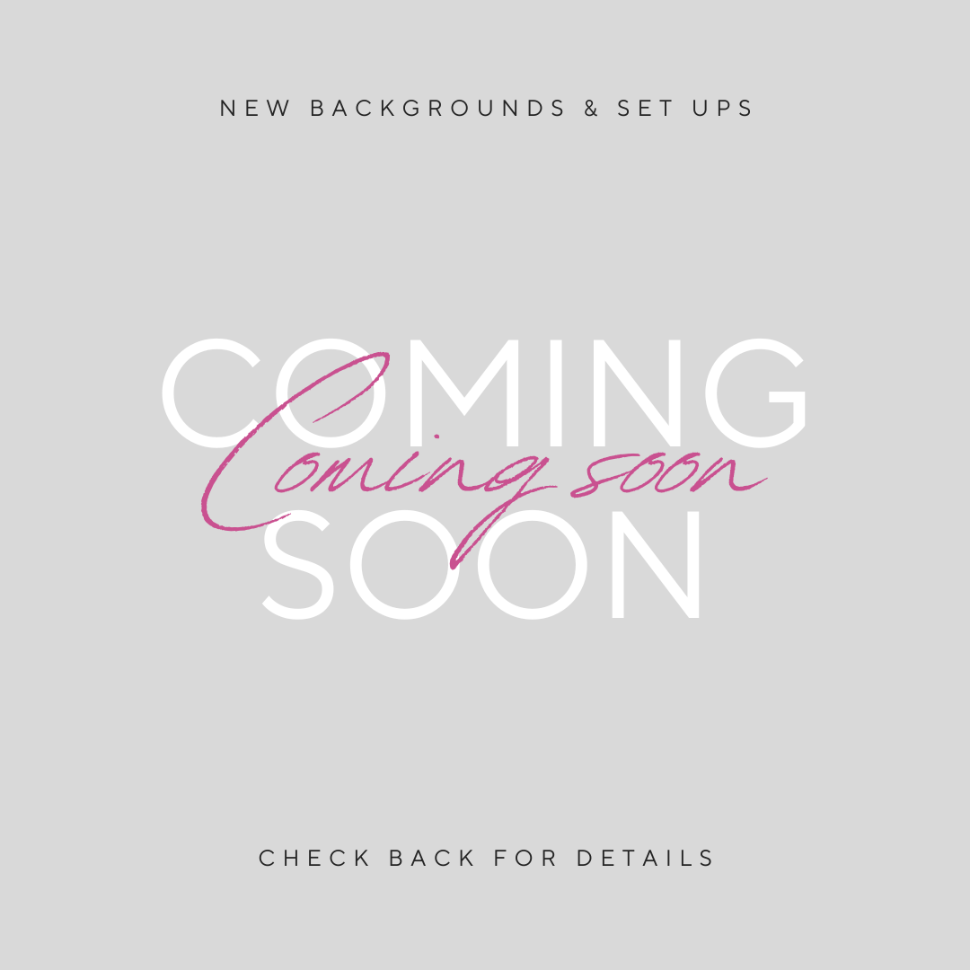 Gray minimalist coming soon announcement with white and pink script text for new backgrounds and set ups.