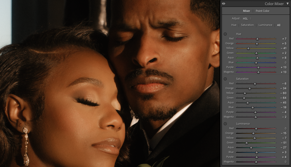 A romantic close-up portrait of a couple with eyes closed in an intimate embrace against a dark background.
