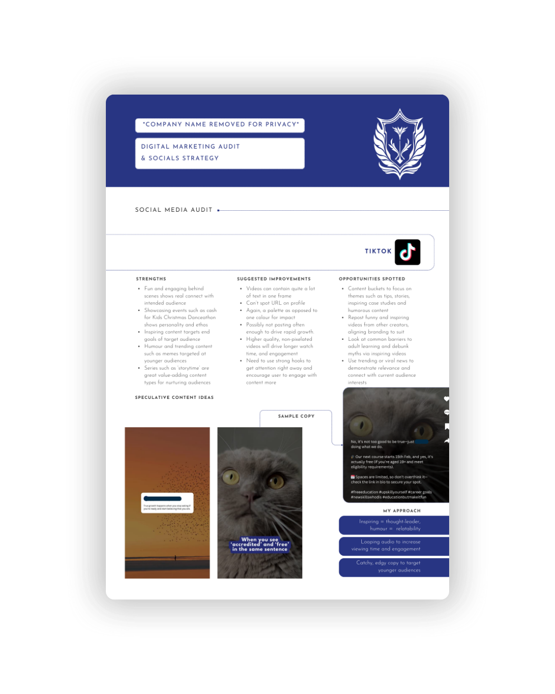 A tablet device displaying a website interface with blue header, white background, and multiple content sections.