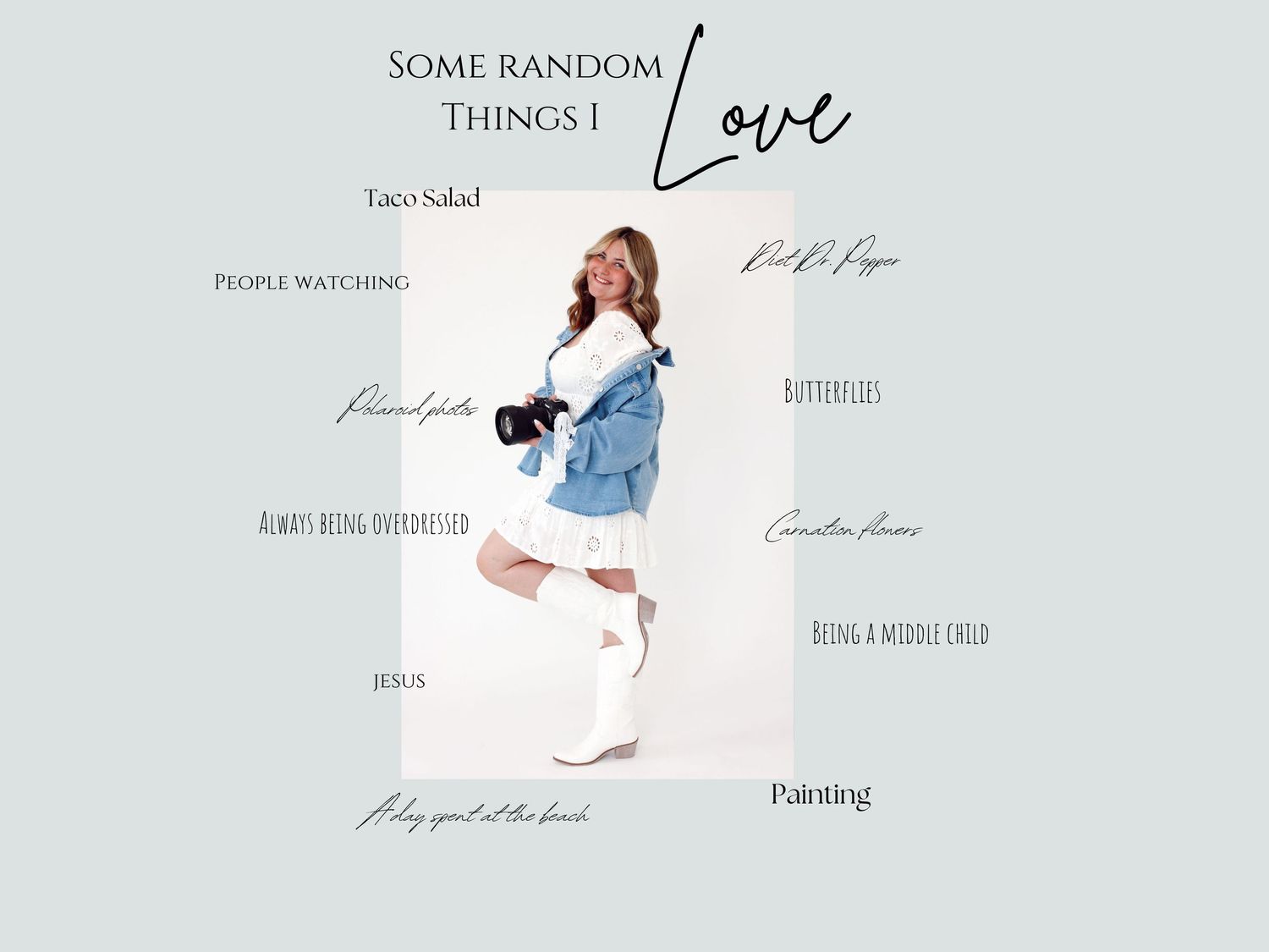 A figure sits against a white background surrounded by inspirational text bubbles showing 'Some Random Things I Love'.