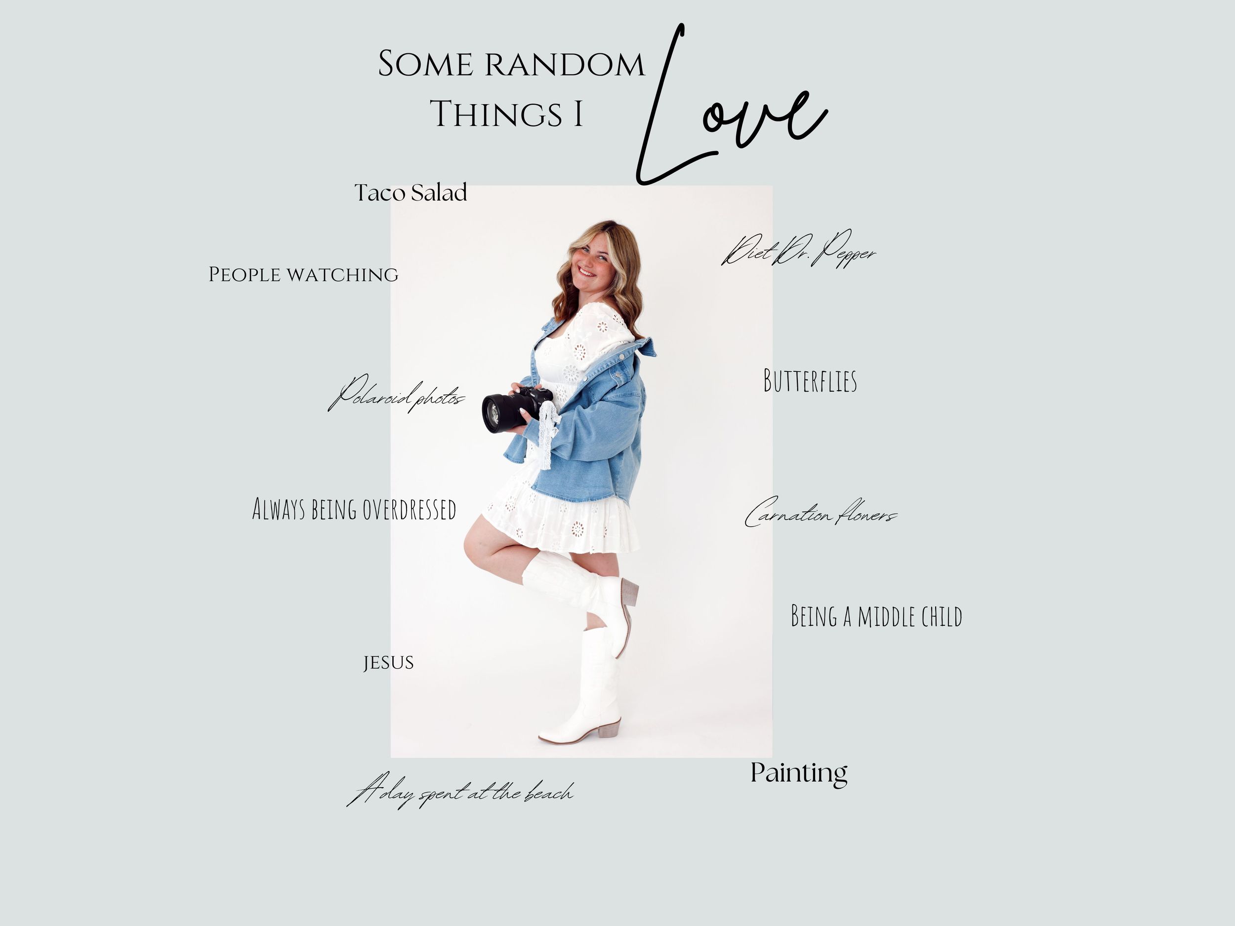 A figure sits against a white background surrounded by inspirational text bubbles showing 'Some Random Things I Love'.