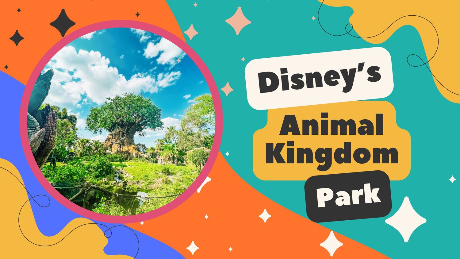Colorful graphic design featuring Disney's Animal Kingdom Park logo with the iconic Tree of Life in the background.