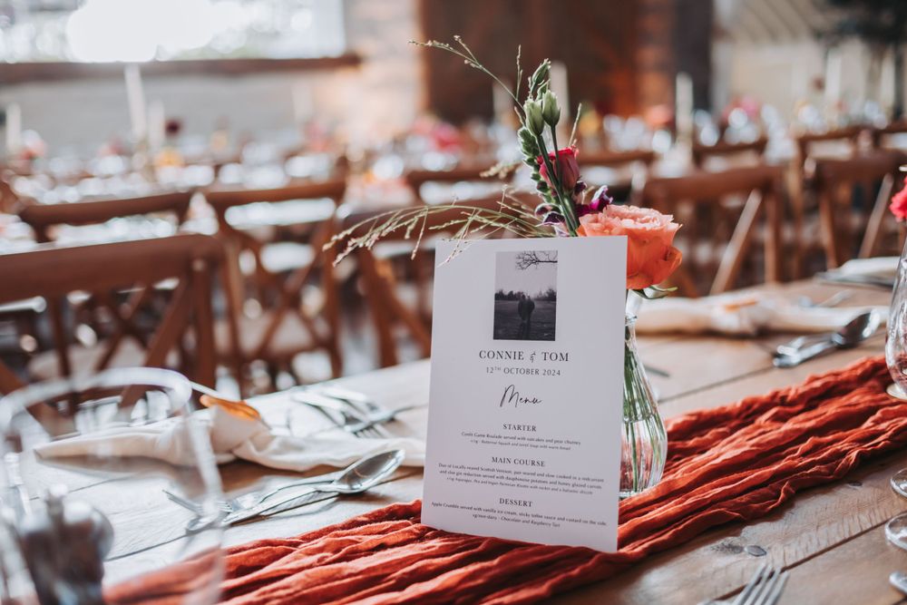Elegant wedding table setting with floral centerpiece and personalized menu card.