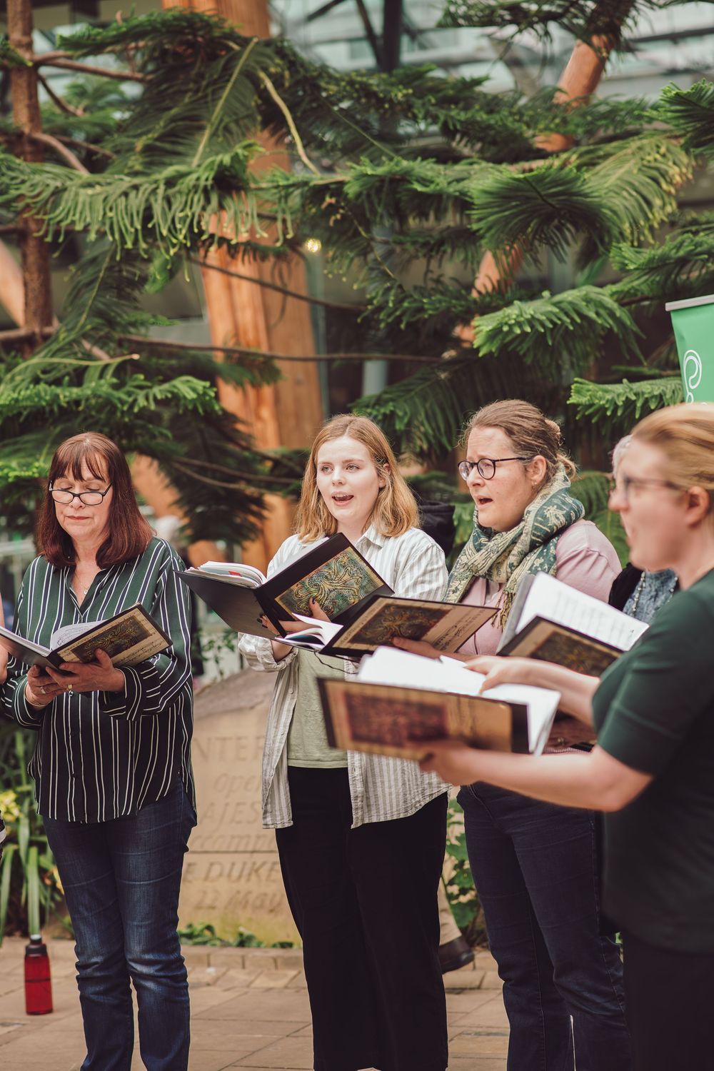 A group of vocalists with songbooks performing together under evergreen branches outdoors.