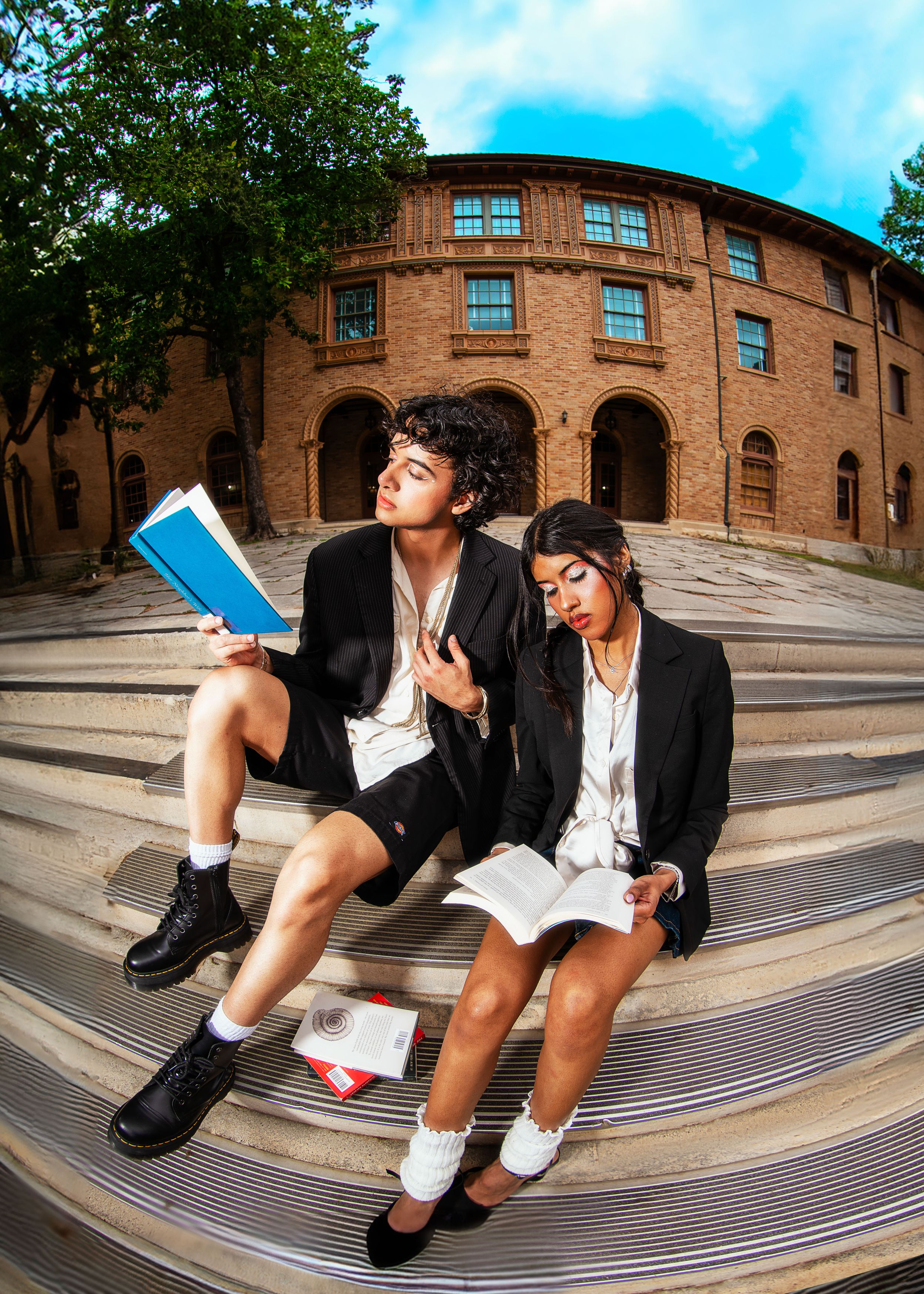 Creative wide-angle fashion photos taken on curved brick architecture.