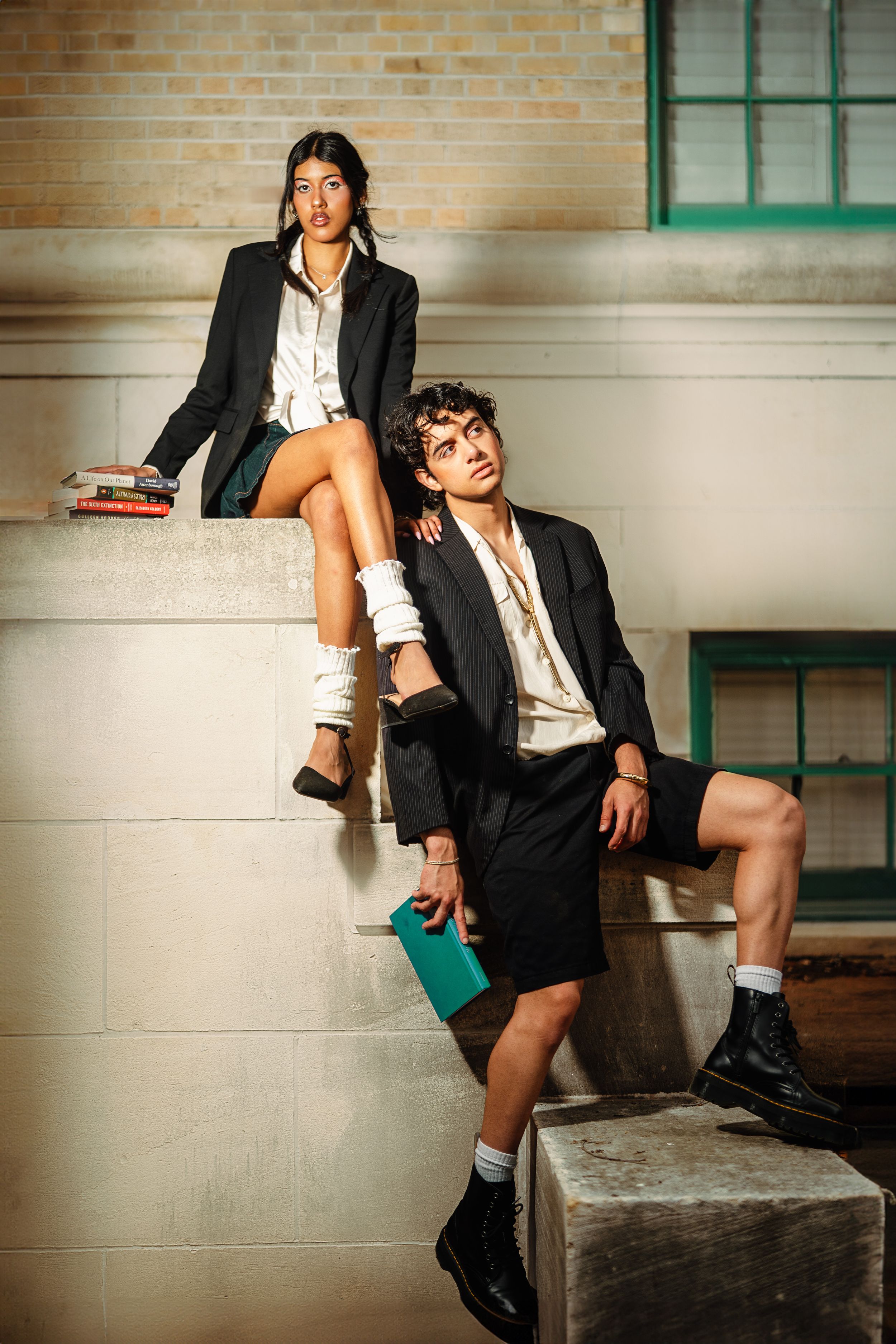 Fashion editorial photo series in vintage school hallway setting.