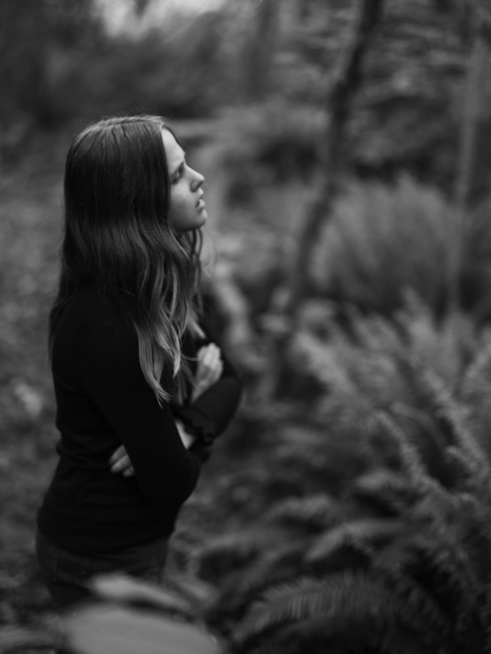 A side profile of a person in black against a moody forest backdrop with ferns.