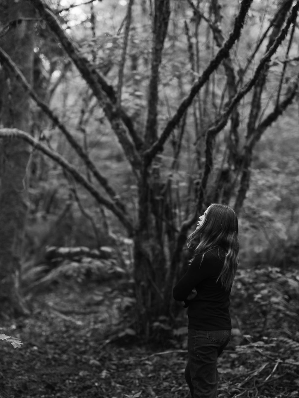 A solitary figure stands among bare trees in a moody black and white forest setting.
