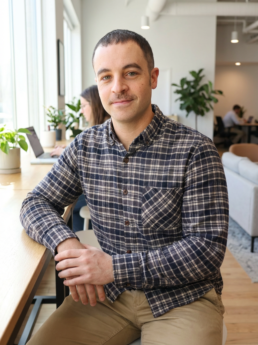 A person wearing a plaid button-down shirt sits at a wooden table in a bright modern office space.