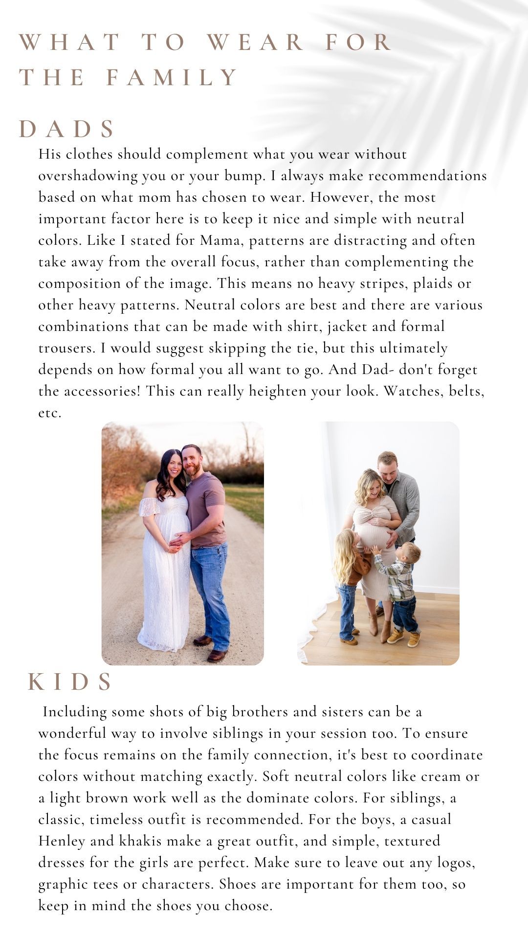 A soft-toned photo collage showing coordinated family photo outfits with neutral colors and outdoor settings.