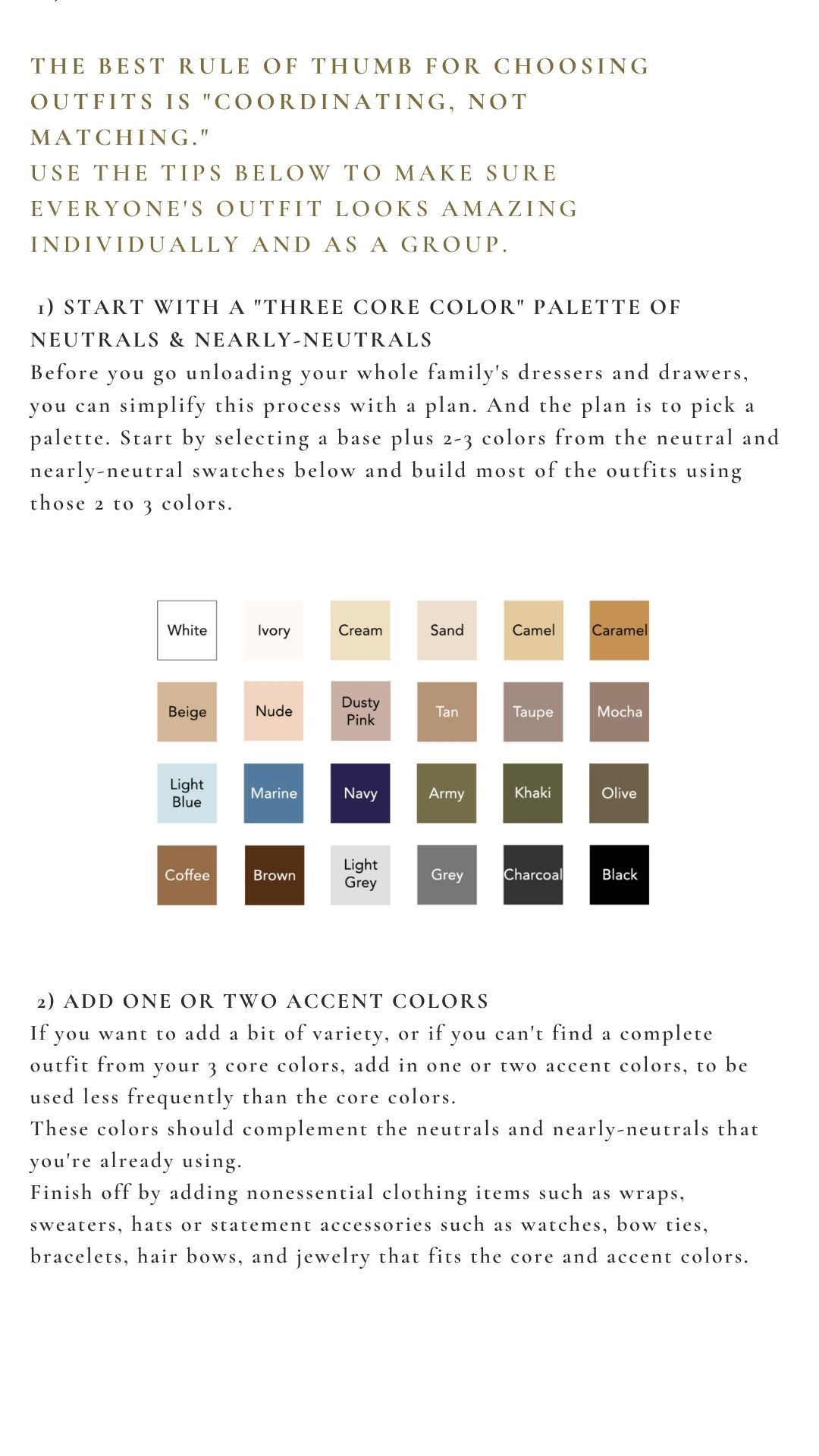 A color palette chart showing neutral and accent colors for coordinating outfits, with swatches of beige, brown, navy and gray tones.