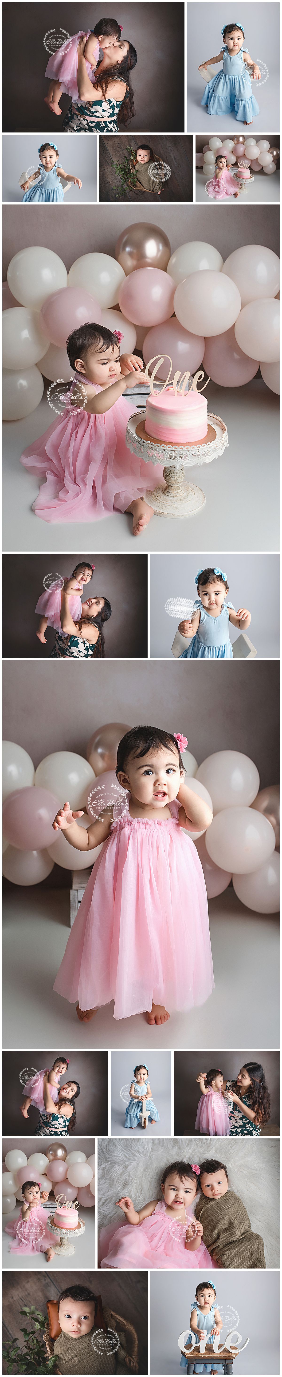 Baby photo collage featuring cake smash session with pink tulle dress, white and pink balloons, and vintage cake stand decor.