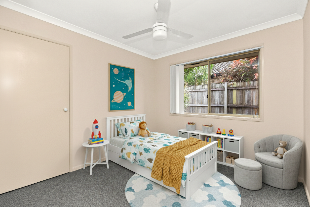 Child's bedroom with space-themed decor, single bed, ceiling fan, and natural light from a window.