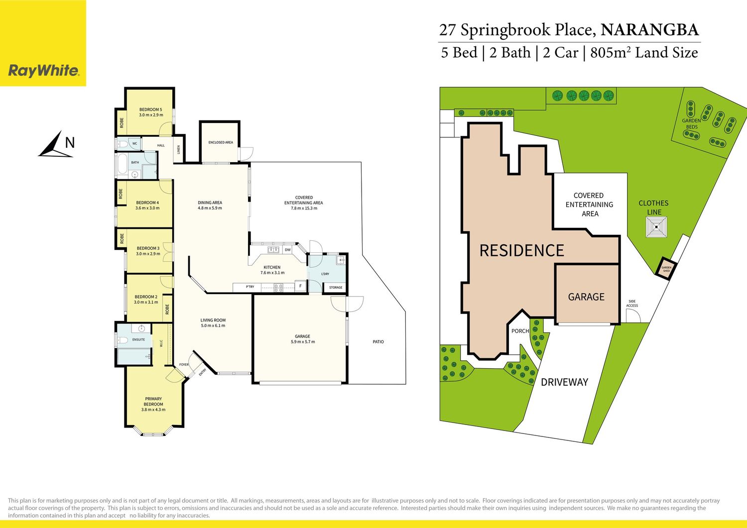 Floor plan of a house in Narangba showing 5-bed, 2-bath residence with garage and 805sqm land size.
