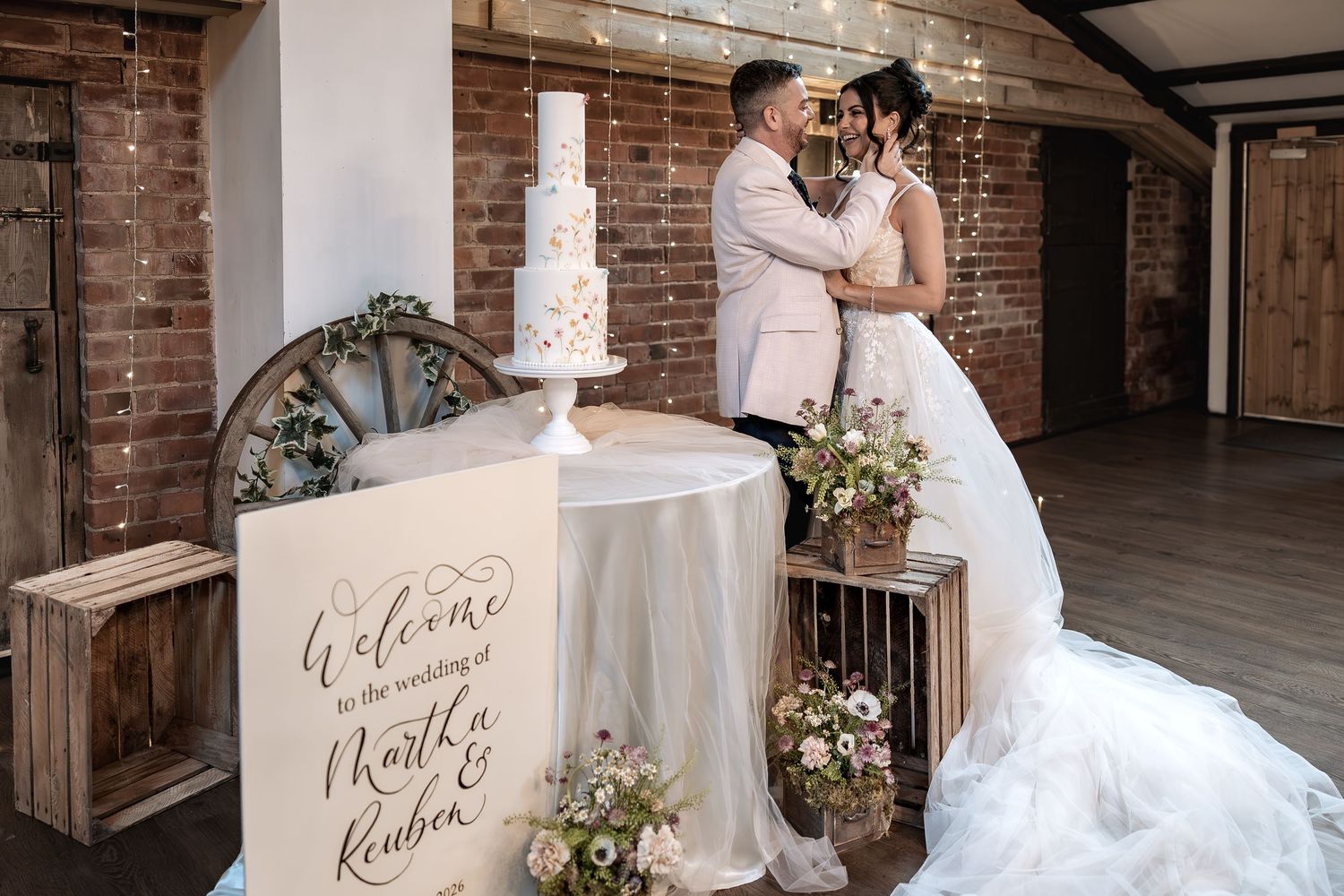 Relaxed couple portrait in Yorkshire barn wedding venue.