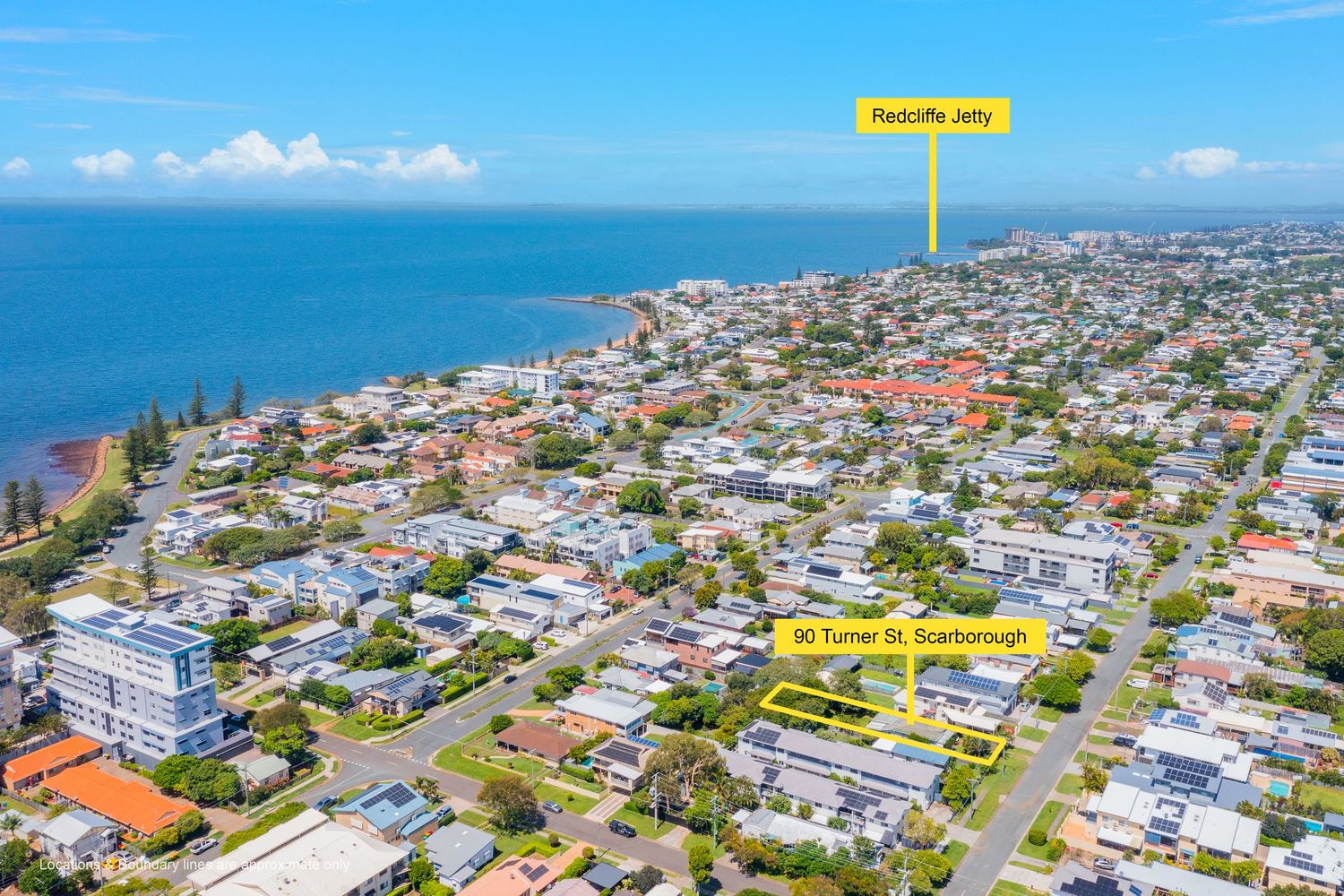 Aerial view of Scarborough suburb near Redcliffe Jetty, highlighting a Turner Street property close to the waterfront.