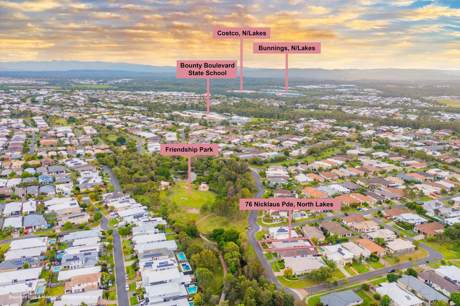 Aerial view of North Lakes suburb showing Friendship Park, Bounty Boulevard State School, Costco, and Bunnings nearby.