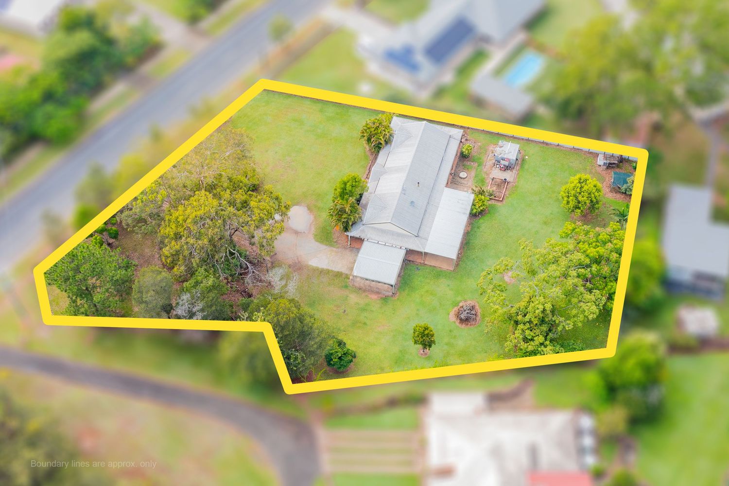 Aerial view of a single-story home on a spacious green lot with property boundaries marked in yellow.