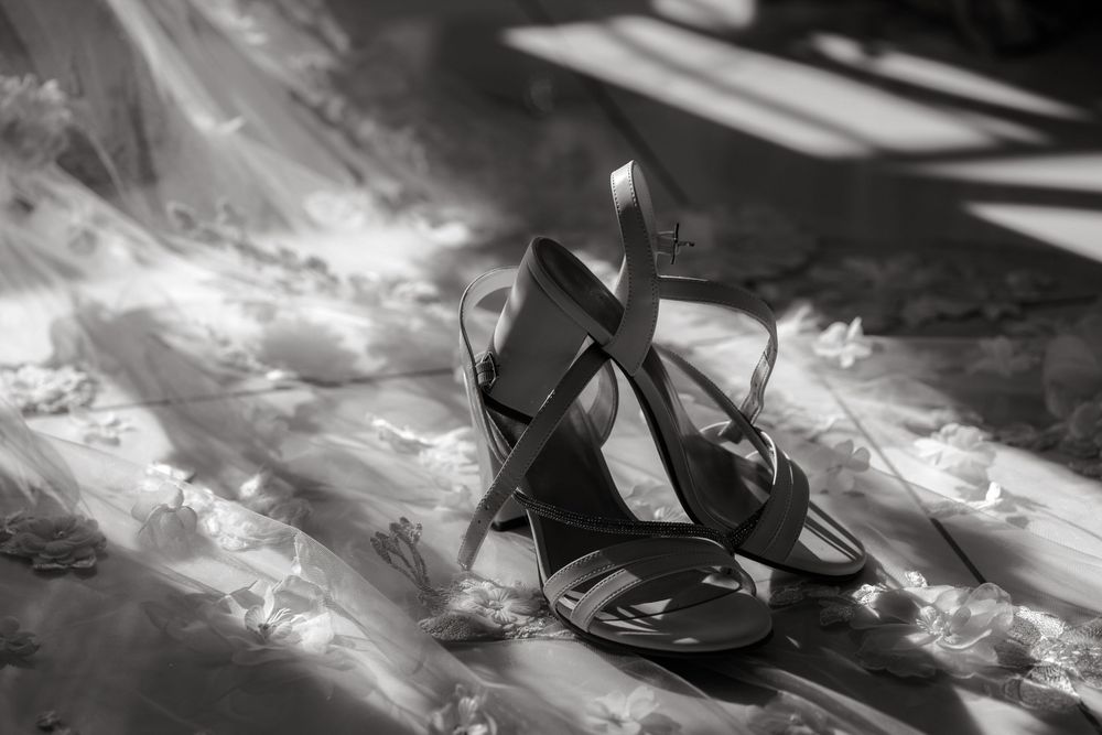 Elegant black high heel shoes on a reflective surface with dramatic lighting and shadows.