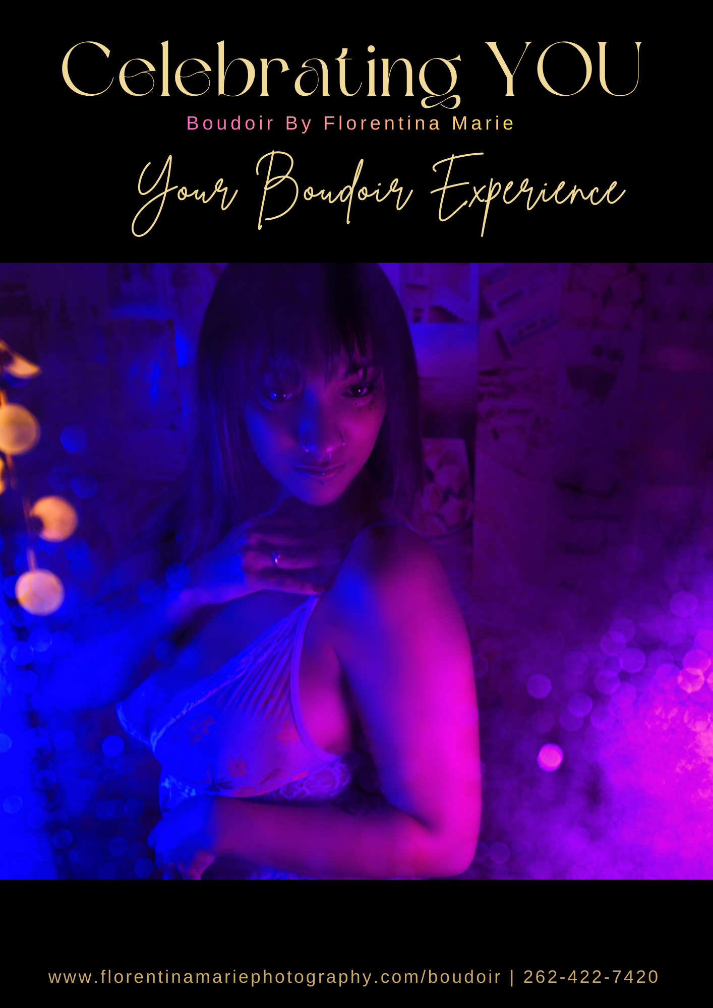 Moody boudoir photography advertisement with purple and blue lighting effects featuring elegant gold text.