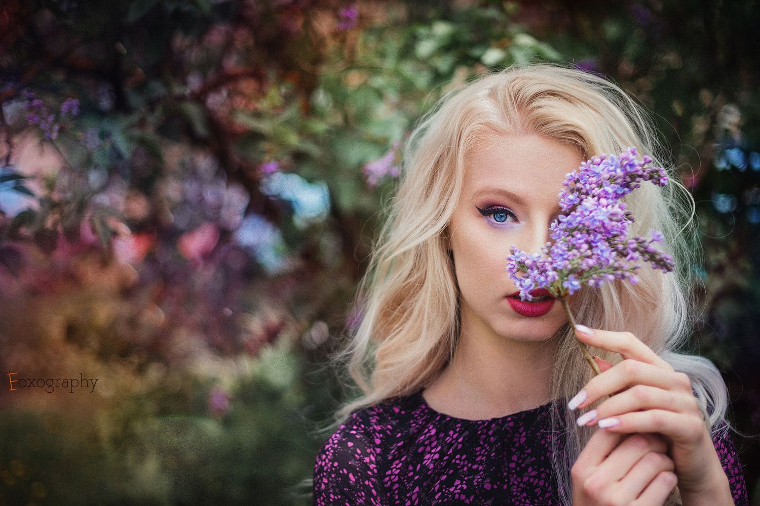 Blondínka drží fialové kvety orgovánu pred tvárou v farebnej záhrade. Svadobná fotografia a portréty, Rajecká dolina.