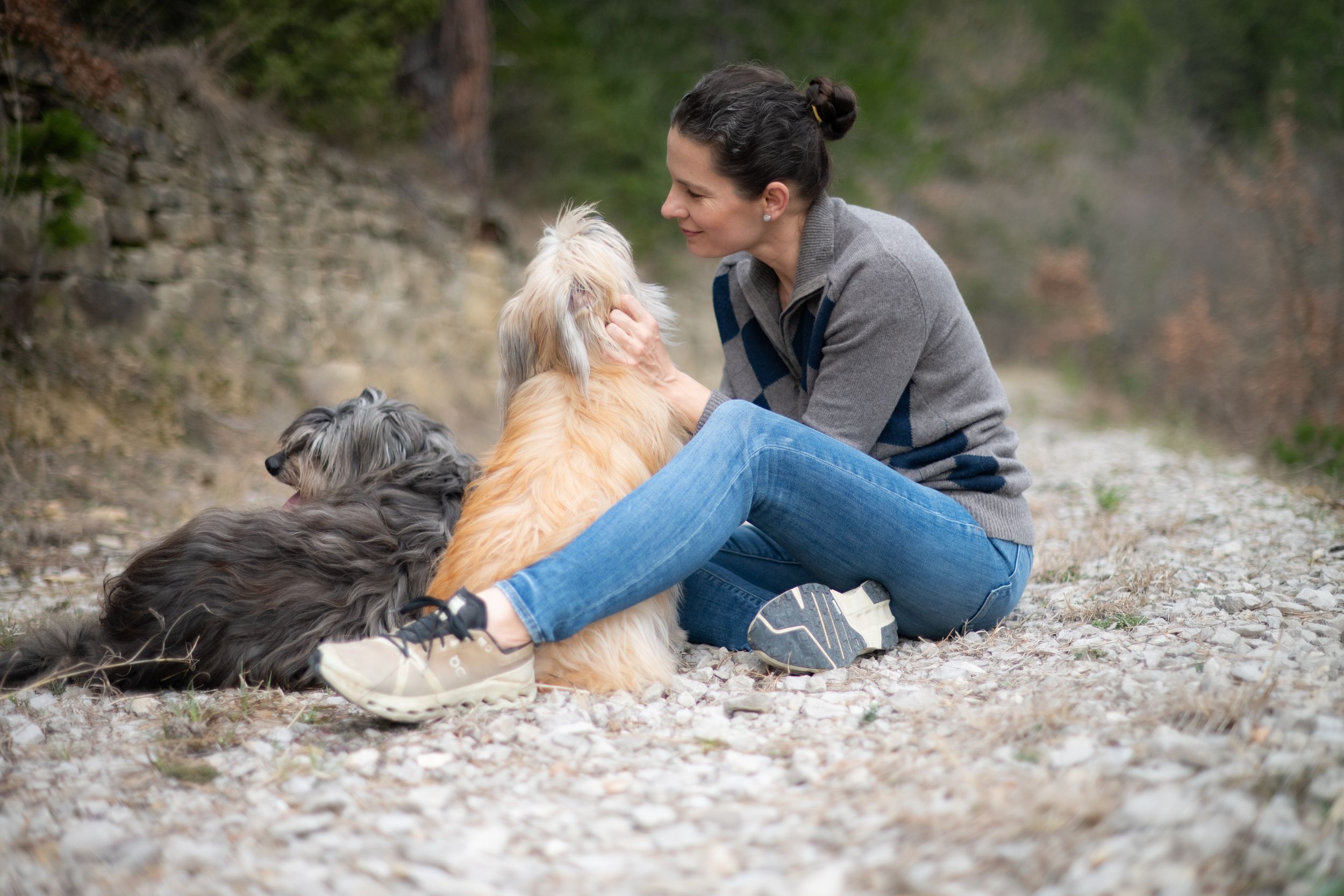 woman with her dog during a quiet photography session