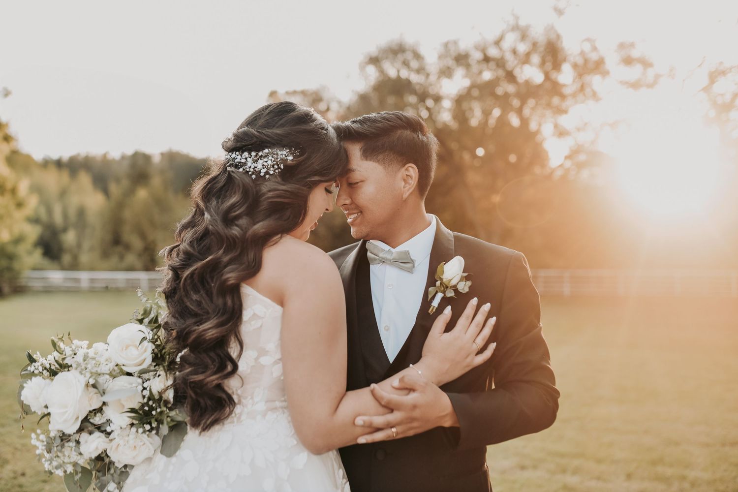 Romantic bride and groom portrait at Firefly Gardens wedding venue at sunset