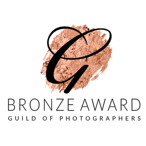 Bronze award emblem with decorative text and photographer's guild logo in metallic rose gold finish.